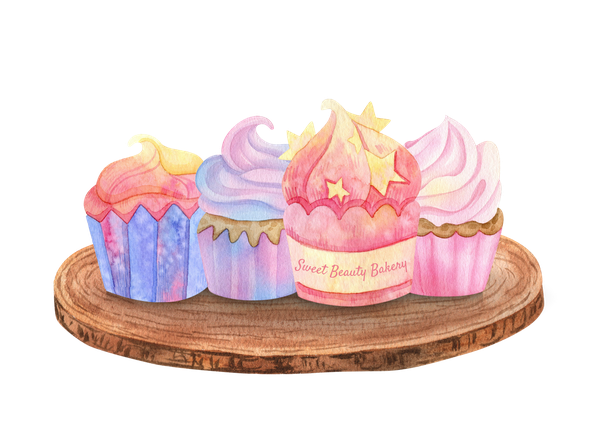 illustration of four pastel cupcakes on a wooden tray