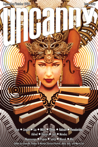 Uncanny Magazine cover - art of a woman in a violin and piano outfit