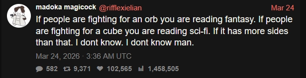 Tweet by Madock Magicock: "If people
are fighting for an orb you are reading fantasy. If people are fighting for a cube you are reading sci-fi. If it has more sides than that, I don't know. I don't know man."