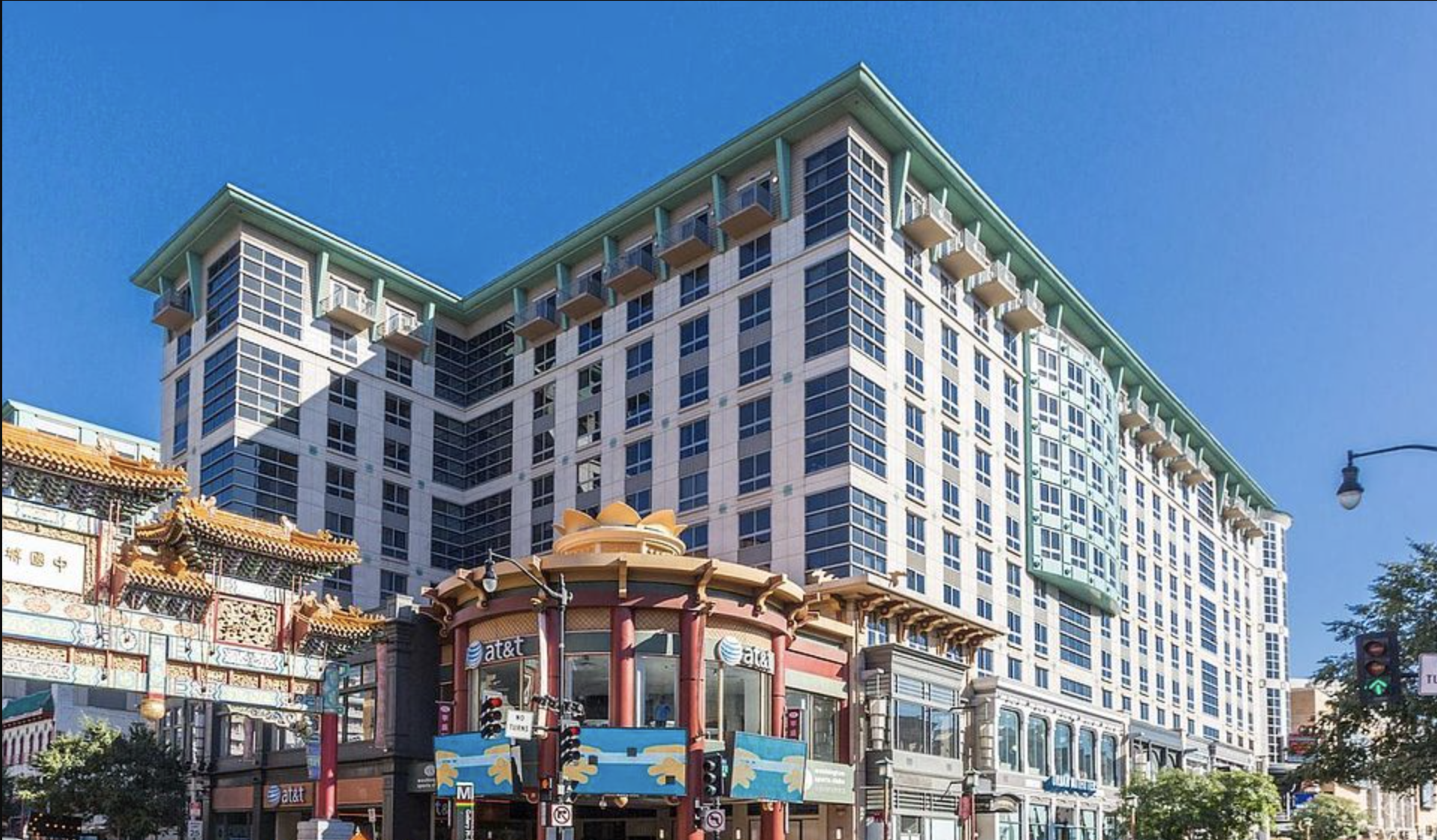 Residences at Gallery Place building exterior with Chinatown Friendship Arch
