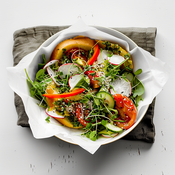 A fresh, colorful real-food plate with vegetables and greens