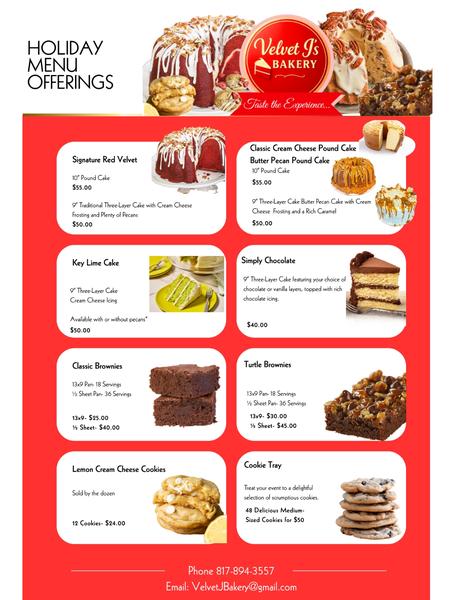 Velvet J's Bakery - Email For Current Menu.
