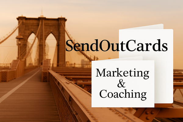 A cup of tea beside a journal, with Brooklyn Bridge lines faintly in the background — an invitation to reflective journaling and connection.