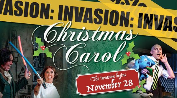 Christmas Carol: The invasion begins Nov 28 overlaid over Star Trek and Blues Clues characters