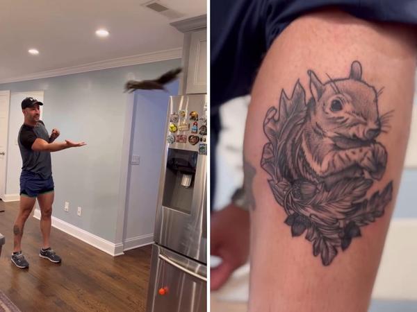 Flying squirrel, and tattoo on Longo's leg.