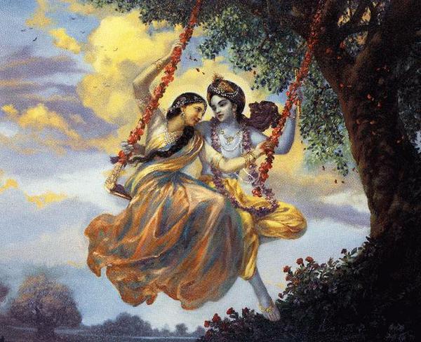 Radha and Krishna Enjoy Swinging Together