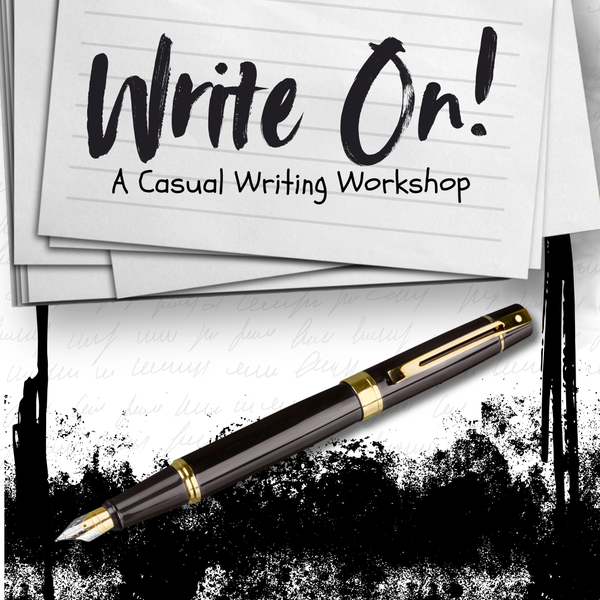 There is black and white with a fountain pen at the bottom right corner. A stack of line paper is behind the title and ink blot/strains can be found at the bottom and sides. Cursive writing can be barely seen in the background.