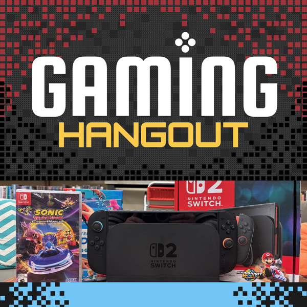 The background is made out of pixels with red pixels towards the top, gray pixels in the middle, and black pixels at the bottom of the section. Below that is an image of the library's Nintendo Switch 2 and below that is a blue line made out of pixels.