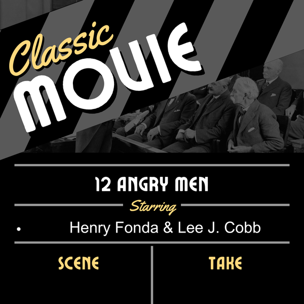 A black and white clapper with a black and white image of people in a juror box in the background of the clapper. 