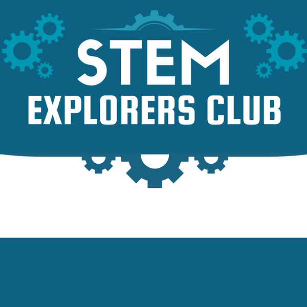 The theme is blue with gears throughout the image. The text says, "STEM Explorers Club."