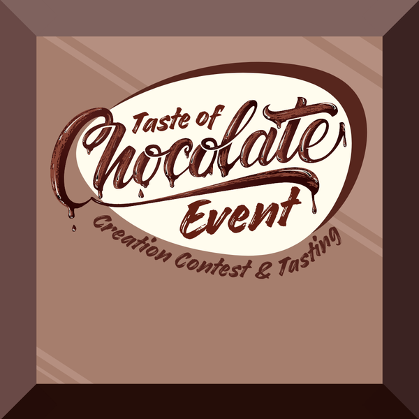 The background has an appearance of a square of chocolate with the logo created to look like dripping chocolate.