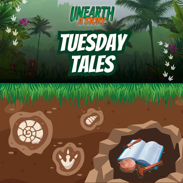 The top has the logo for the Reading Challenge, "Unearth a Story", with a jungle in the background and dinosaur footprints on the left and right side of the title. The title is under the logo. Underground/dirt graphics are below the title.