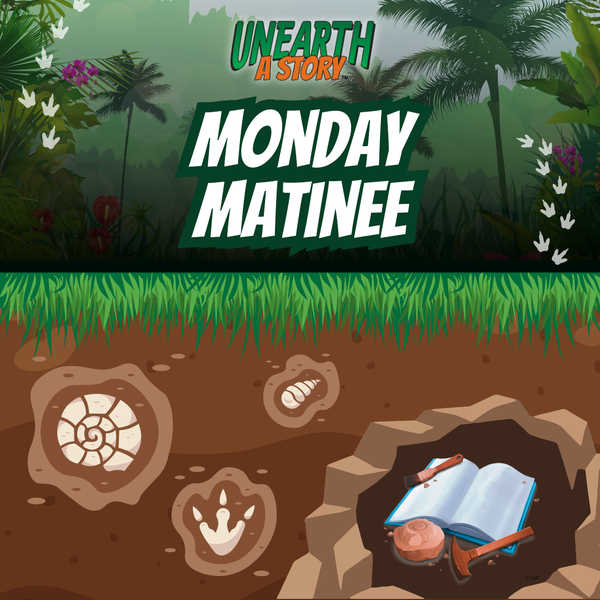 The top has the logo for the Reading Challenge, "Unearth a Story", with a jungle in the background and dinosaur footprints on the left and right side of the title. The title is under the logo. Underground/dirt graphics are below the title.