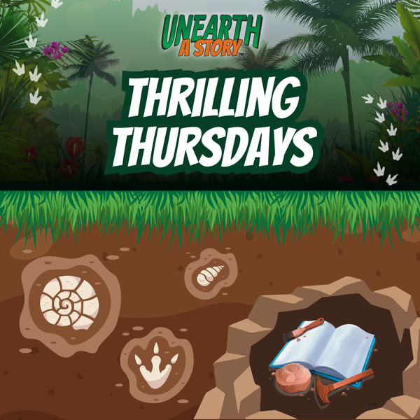 The top has the logo for the Reading Challenge, "Unearth a Story", with a jungle in the background and dinosaur footprints on the left and right side of the title. The title is under the logo. Underground/dirt graphics are below the title.