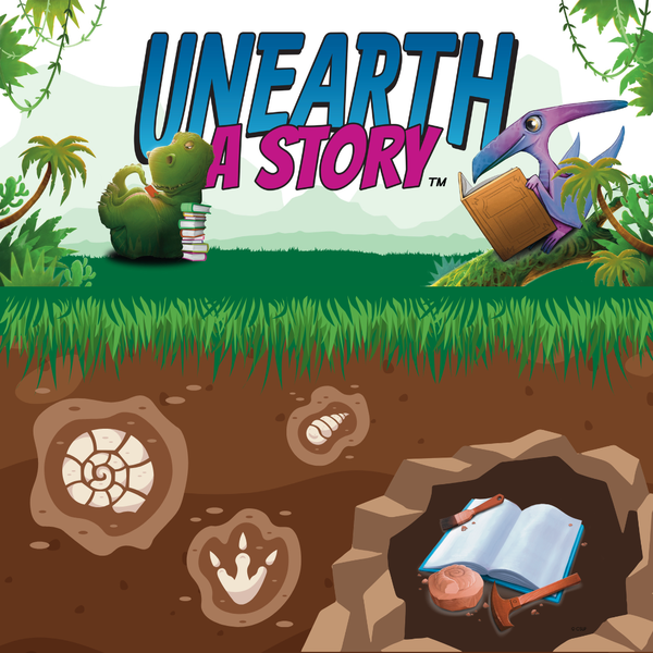 The top has the logo for the Reading Challenge, "Unearth a Story", with underground/ dirt graphics below it with fossils.