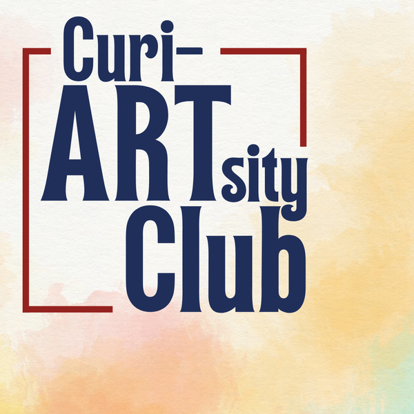 A watercolor background made up with yellows and orange with "Curi-Artsity Club" arranged in a square in the top left corner.