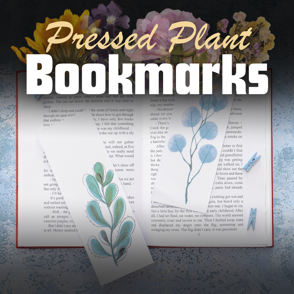 Pressed plant bookmarks are laying on top of an open book. Faded flowers are behind the title of the art event.