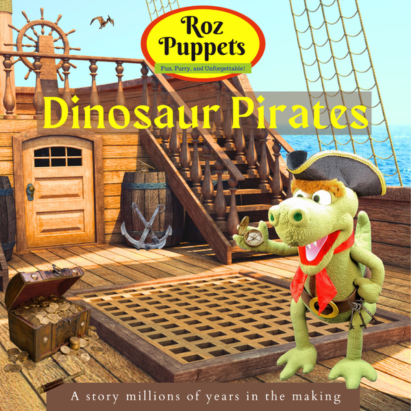 A puppet dinosaur dressed like a pirate is on a pirate ship with a caption, "A stoary millions of years in the making" is located at the bottom.