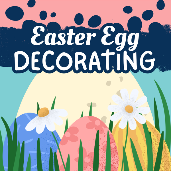 Easter eggs in the grass and flowers can be found at the bottom with a large, speckled egg in the middle showcasing the information found on the flyer. A pink and royal background design can be found behind the title.