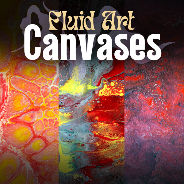 The title is at the top with a black gradient behind it. Three different examples of fluid art (colors mixed together in swirls and splatters) are in the background.
