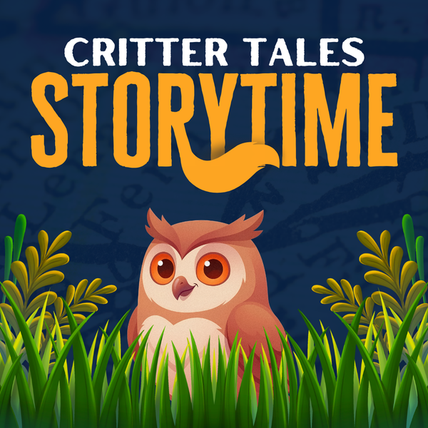 A cartoon owl is peeking out from some tall grass. "Critter Tales Storytime" is overlayed ontop.