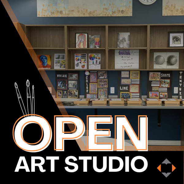 Background image of artwork lined against the wall in the library's Makerspace with the words "Open Art Studio" overlayed on top.