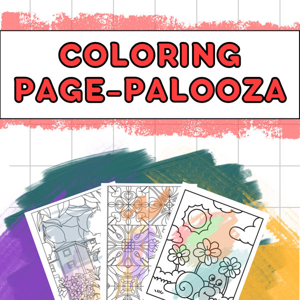 There are steaks of purple, pink, yellow, and dark green-blue at the bottom with three different coloring sheets overlayed on top that are crudely colored. There are steaks of red peeking out at the top and bottom of the program title.