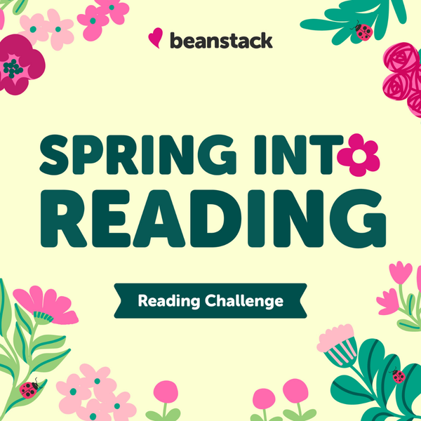 Various purple-colored flowers/plants are along the edge of the image with "Spring Into Reading: Reading Challenge" in the middle.