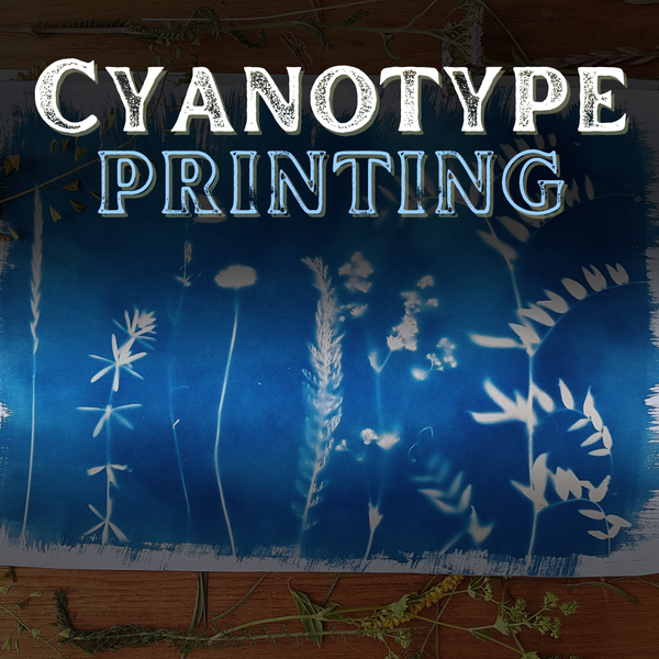A cyanotype print in the background with the words "Cyanotype Printing" overlayed on top.