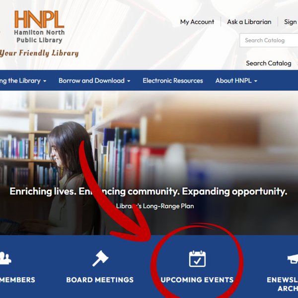 A screenshot of the HNPL webpage with a red arrow and circle highlighting the "Upcoming Events" tab on the bar below the image.