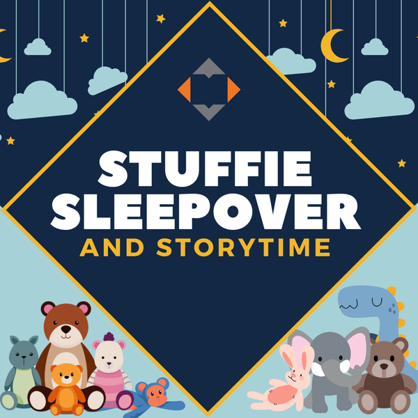 Clouds and the moon on strings are in the top corners with stuffed animals in the bottom corners. In the middle is a gold, outlined diamond shape with "Stuffie Sleepover and Storytime" in the middle.