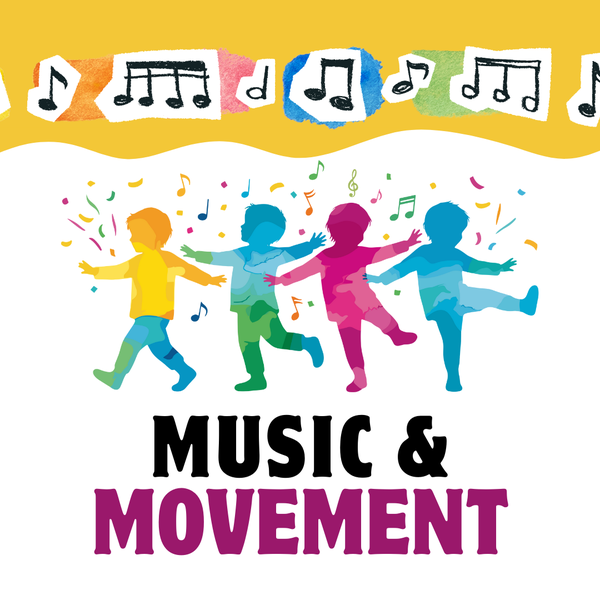 Music notes in front of a yellow, wavy border at the top with dancing, young children in watercolor-like colors in the middle.