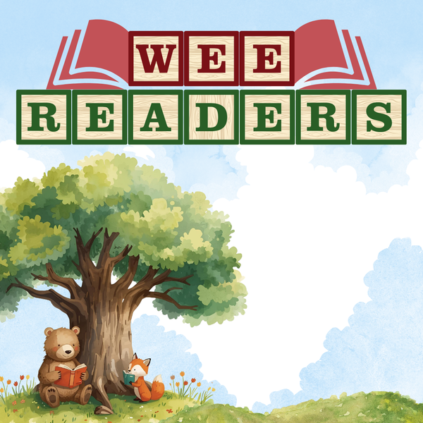 A cartoon bear and fox reading under a tree. "Wee Readers" is overlayed ontop.