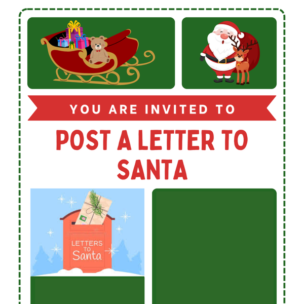 Blocks of green squares with Christmas themed clip-art in them. In the middle on a white background, the text says, "You are invited to post a letter to Santa."