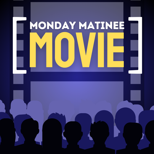 The background has the pattern of a film strip, the middle ground has onlookers at the bottom, and the foreground has the title of the program in brackets.