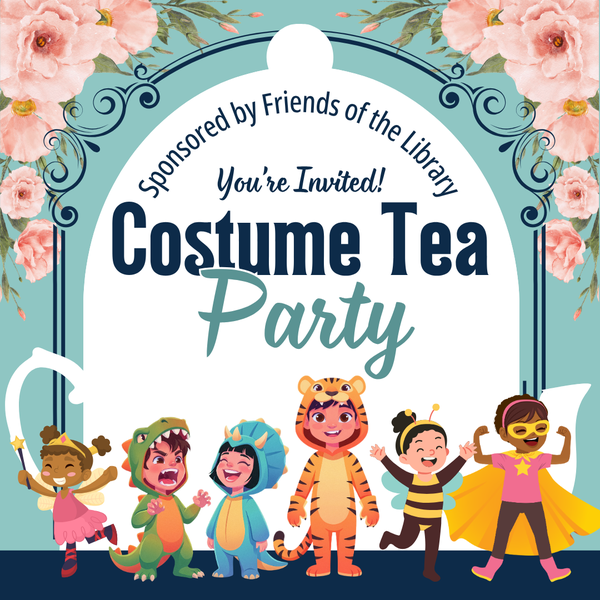The image has a teal background with pink flowers in the top left and right corner. Children dressed in costumes are at the bottom and all information is displayed on a white silhouette of a teapot in the center.