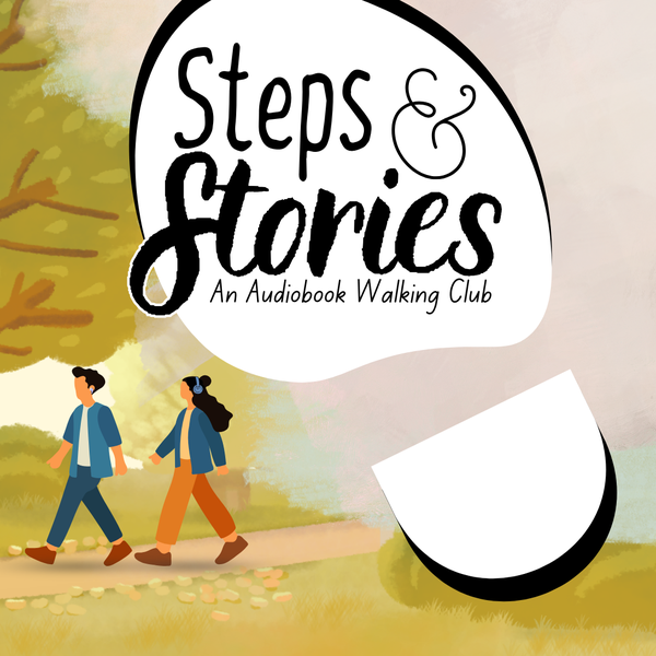A man and woman are walking in a park off to the left side with headphones on or in their ears. The title looks like a gaint shoeprint in the center and slighly right side of the image.