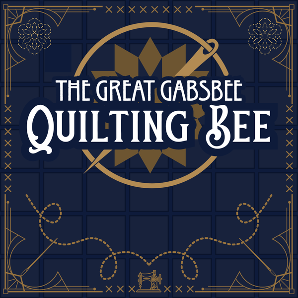A royal blue quilt squares are in the background with gold art deco stitches and sewing icons are on the edges.