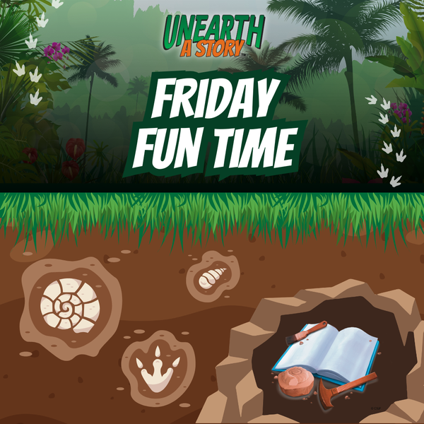 The top has the logo for the Reading Challenge, "Unearth a Story", with a jungle in the background and dinosaur footprints on the left and right side of the title. The title is under the logo. Underground/dirt graphics are below the title.