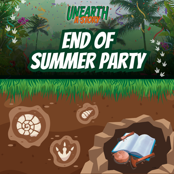 The top has the logo for the Reading Challenge, "Unearth a Story", with a jungle in the background and dinosaur footprints on the left and right side of the title. The title is under the logo. Underground/dirt graphics are below the title.