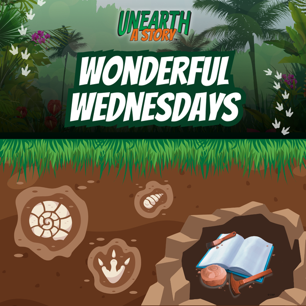 The top has the logo for the Reading Challenge, "Unearth a Story", with a jungle in the background and dinosaur footprints on the left and right side of the title. The title is under the logo. Underground/dirt graphics are below the title.