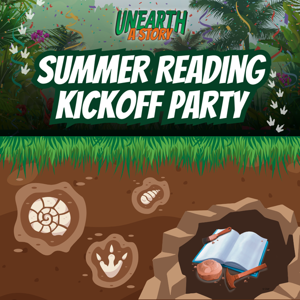 The top has the logo for the Reading Challenge, "Unearth a Story", with a jungle in the background and dinosaur footprints on the left and right side of the title. The title is under the logo. Underground/dirt graphics are below the title.