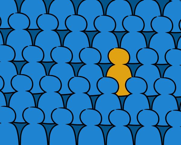 blue people shapes with one yellow person shape standing out from crowd