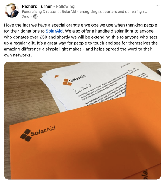 Image of bright orange outer envelope featured in a LinkedIn post from Richard Turner of Solar Aid