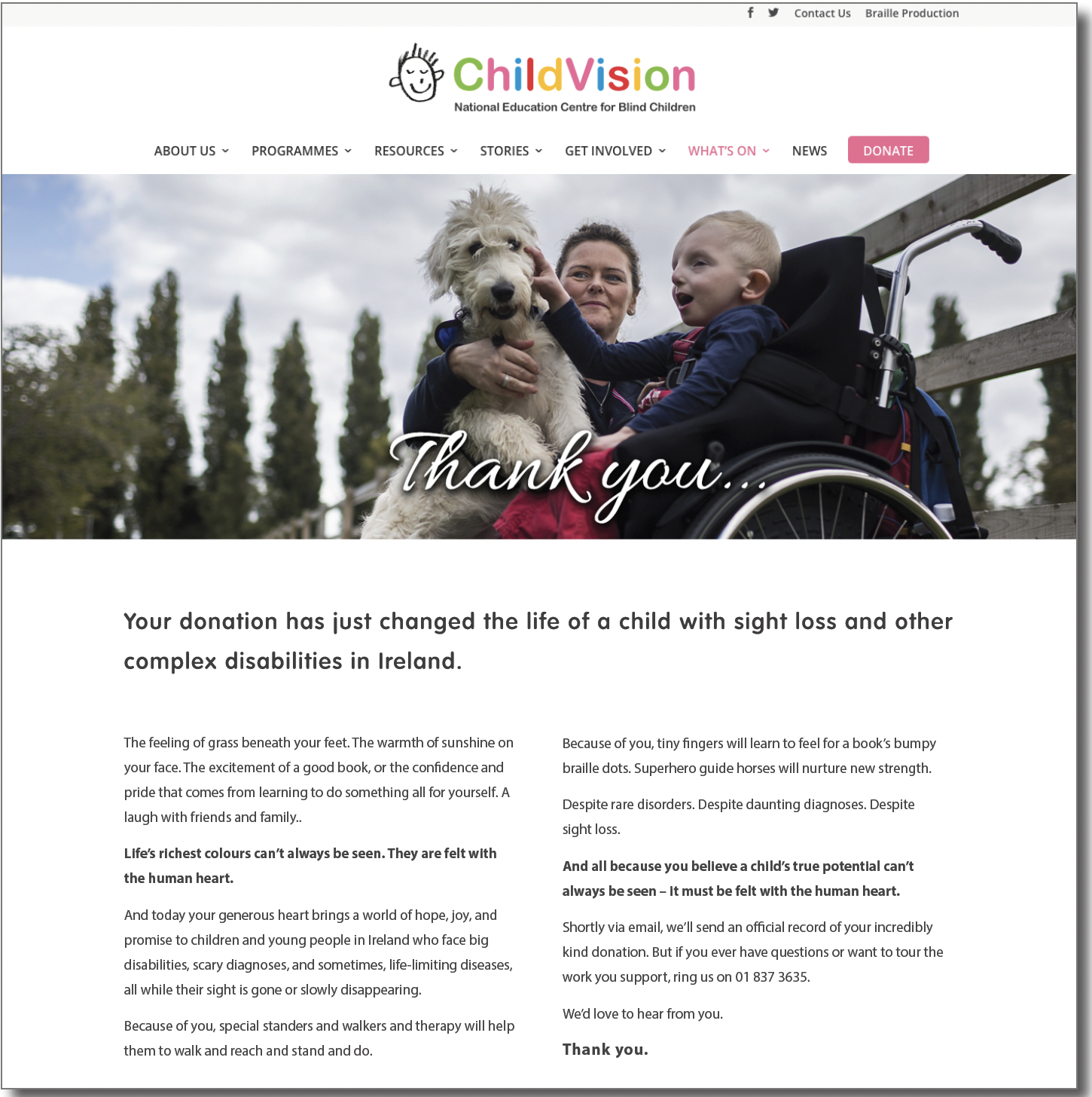 sample of thank-you redirect page from ChildVision