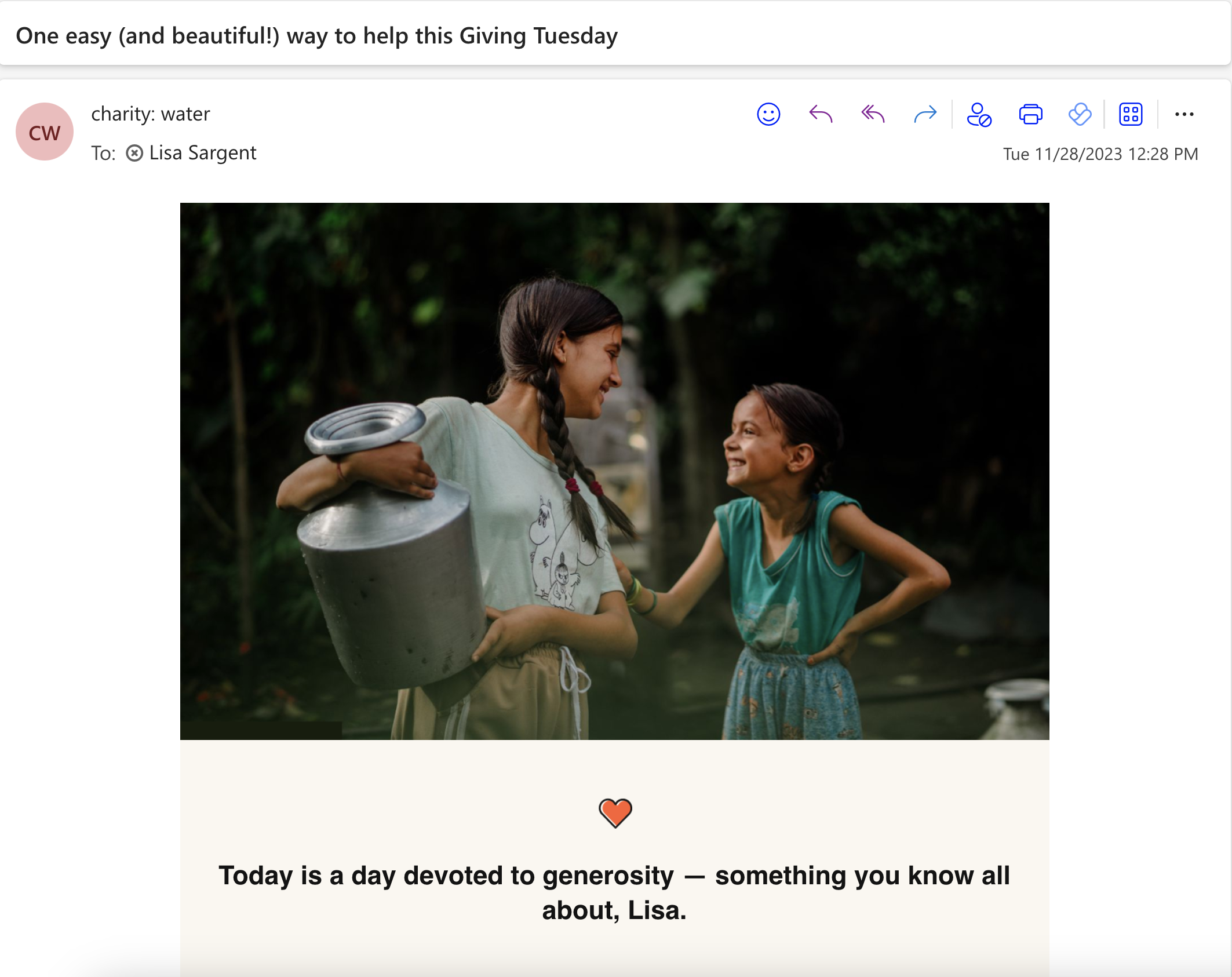 sample of fully designed charity:water email