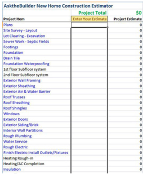 screenshot of new home construction estimator