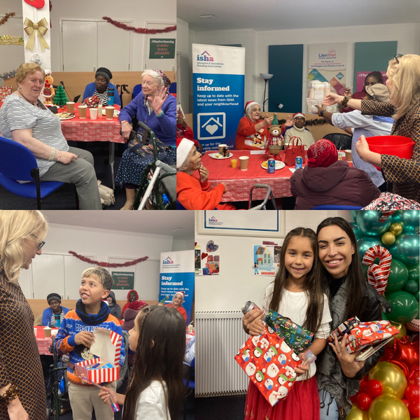 A montae of four photos. Each shows different groups of people. Top left three women sitting round a table, one waving a the camera. Top right: two people to the right of the photo  are handing our gifts to another group of people who are sitting around a table. bottom left, our Chief Executive Ruth is talking to a boy and a girl who are showing her their present. Bottom right:A mother and daughter are posed in front of a balloon garland, smiling with gifts in
their arms.