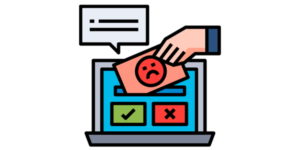 A graphic showing a hand posting an unhappy feedback card