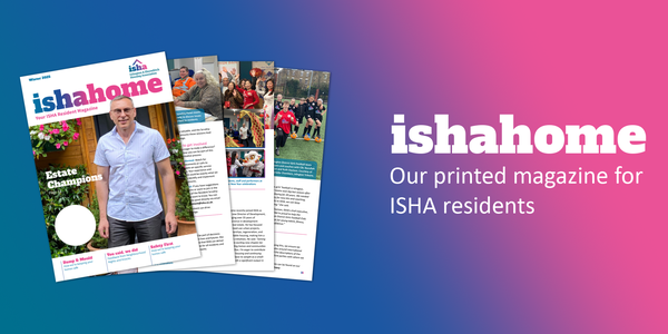 The cover and example pages for the Winter 2025 ishahome residents' magazine.